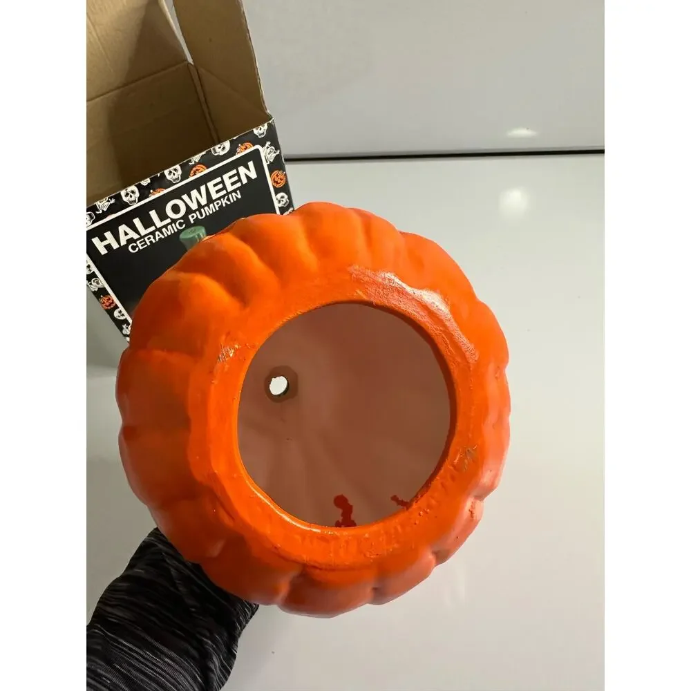 Vintage New Halloween Ceramic Pumpkin Jack O' Lantern smiley candle tealight - Picture 5 of 8